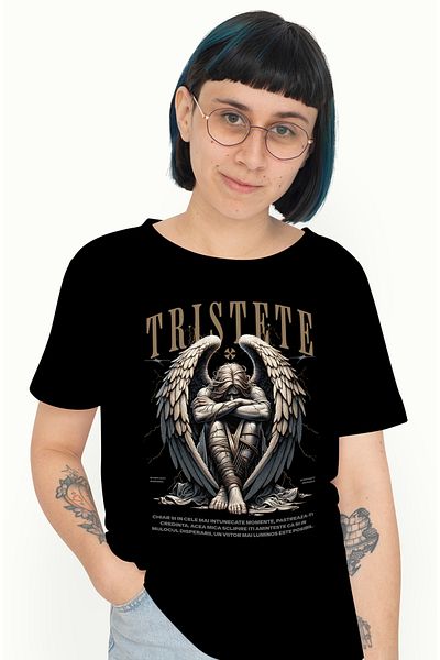StoryGift Romania Tricou Femei Tristete - Inger Cazut Cu Mesaj Motivational, Cu Imprimeu Pe Fata, Blk_l