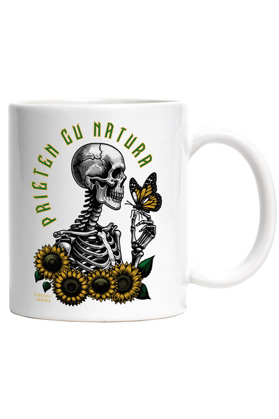 StoryGift Romania Cana Prieten Cu Natura Schelete Si Fluture Flori , 330ml, Ceramic Cu Maner Alb, Cu Maner Alb Stg