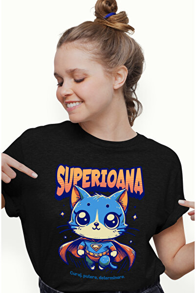StoryGift Romania Tricou Femei Super Ioana, Supererou, Pisica Zburand, Cu Imp...