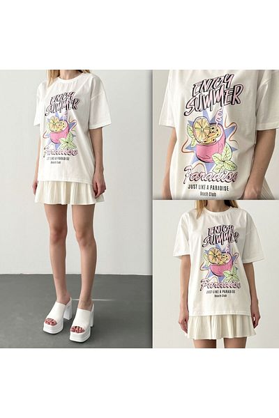 Quzu Colorful Cocktail Printed Short Sleeve T-Shirt Ecru