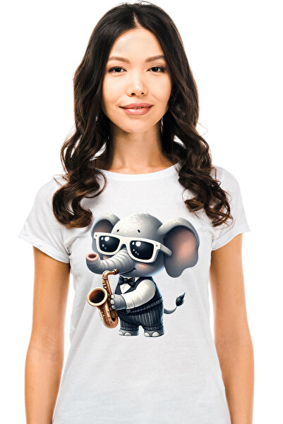 StoryGift Romania Tricou Femei Cu Un Elefant Care Canta La Saxofon, Ilustrati...