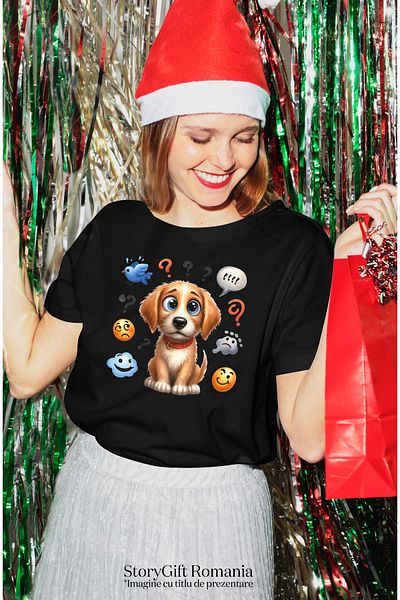 StoryGift Romania Tricou Femei Cu Un Caine Cam Dezamagit, Ilustratie, Mirat, Se Intreaba, Isi Pune Blk_l