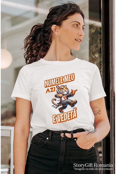 StoryGift Romania Women's T-shirt Tiger in costume Funny Text Today, my name is a star, Birthday with WHT_L,STG