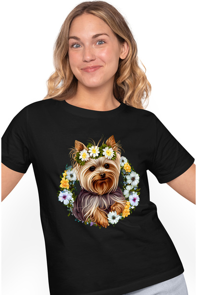 StoryGift Romania Tricou Femei Cu Un Catel Blanos Cu Floricele Albe Pe Cap, C...