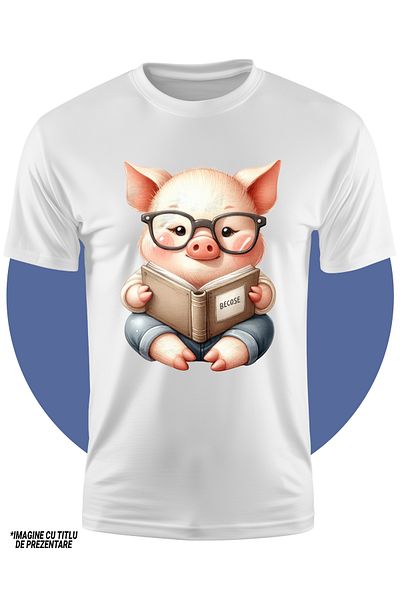 StoryGift Romania Tricou Copii Cu Un Porcusor Cu Ochelari, Tine O Carte, Lectura, Ilustratie, Pentru Pasiona