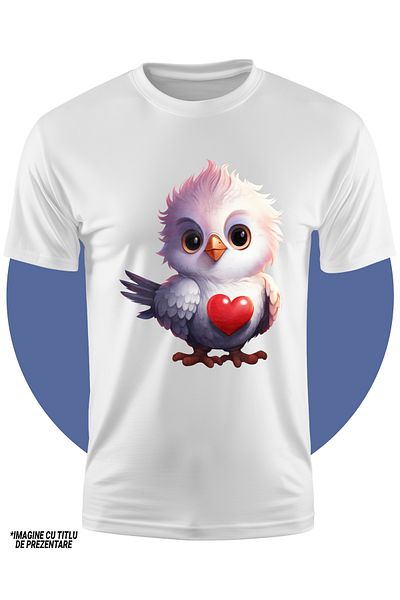 StoryGift Romania Tricou Copii Cu Un Puisor Care Are O Inimioara Vizibila La Piept, Ilustratie, Rosie, Alb,