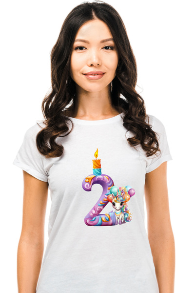 StoryGift Romania Tricou Femei Cu Cifra 2, Unicorn, Baloane, Aniversare, Ilustratie, Pentru Copii, Wht_l