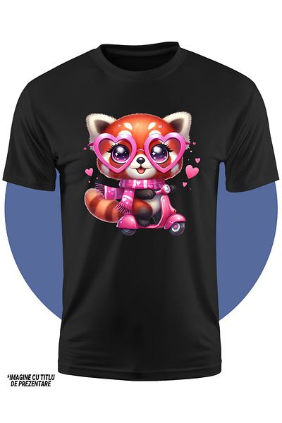 StoryGift Romania Tricou Copii Cu Un Urs Panda Rosu Care Merge Cu Scuterul, Ilustratie, Plimbare, Viteza, Oc