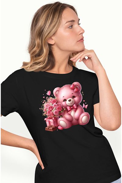 StoryGift Romania Tricou Femei Cu Un Ursulet De Plus Care Are Un Buchet Cu Trandafiri Langa El, Ci Blk_l