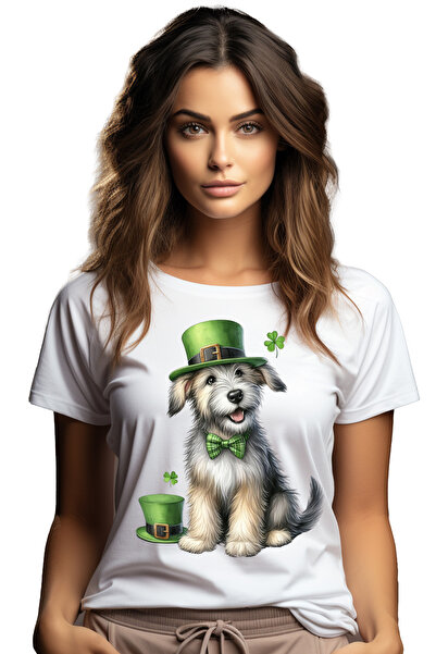 StoryGift Romania Tricou Femei Cu Un Catelus Fericit, Blanos, Ilustratie, Poarta O Palarie Verde, Wht_m