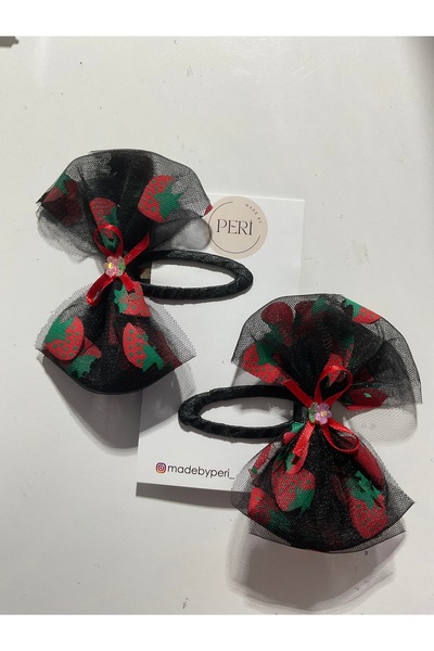 MADE BY PERİ Buckle;2 Buckles with Snap Fasteners Printed with Red Strawberries on Black Tulle.