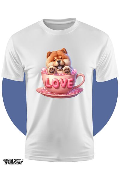 StoryGift Romania Tricou Copii Cu Un Catelus Chow Chow Vesel, Ilustratie, Sta Intr-o Ceasca, Mesajul "love",