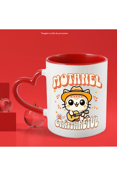 StoryGift Romania Cana Cu Motan Cu Palarie Mexicana Si Chitara Text Motanel Cantaretul, Copii, Cer, Cu Maner Inim Stg