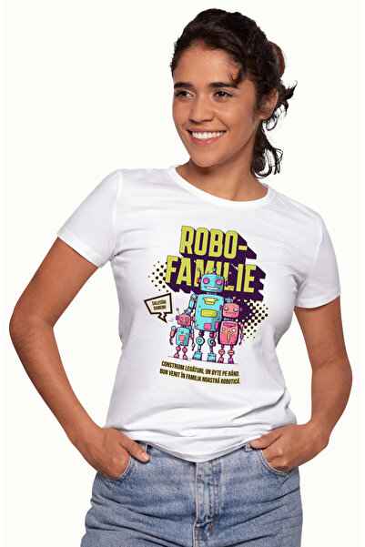 StoryGift Romania Tricou Femei Robo Familie, Iubire Robot, Parinti, Copii Cu Imprimeu Pe Fata, 100 Wht_l