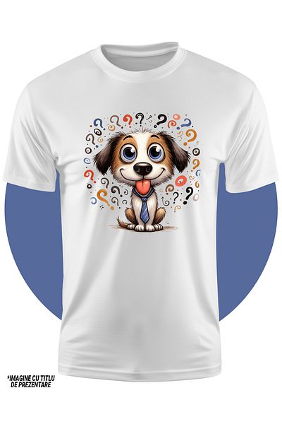 StoryGift Romania Tricou Copii Cu Un Catel Jucaus, Ilustratie, Cravata, Semne De Intrebare, Fericire, Isi Pu