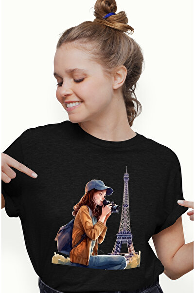 StoryGift Romania Tricou Femei Cu O Fata Care Face Fotografii, Calatorie, Ilustratie, La Paris, Tu Blk_l
