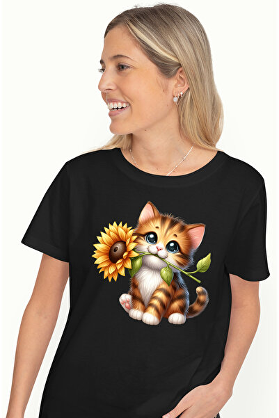 StoryGift Romania Tricou Femei Cu Un Pui De Tigru Care Tine O Floare, Ilustra...