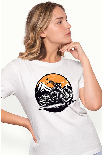 StoryGift Romania Women's T-shirt with a motorcycle, illustration, mountain, circle, orange, white, black, WHT_L,STG57383