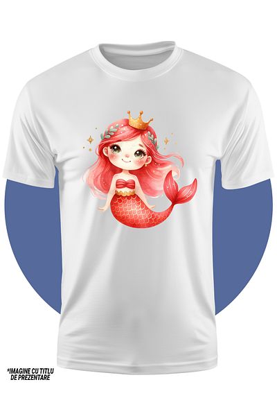 StoryGift Romania Children's T-shirt with a mermaid with a red tail, half woman, gold crown, blushing, orange