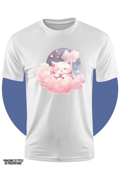StoryGift Romania Tricou Copii Cu O Pisicuta Care Doarme, Ilustratie, Norisori, Luna, Stele, Vise, Obosita,