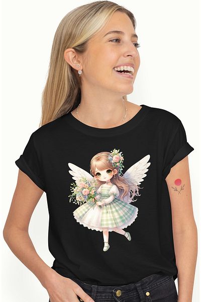 StoryGift Romania Tricou Femei Cu O Fetita Cu Aripi De Ingeras, Ilustratie, Floricele, Buchet Cu T Blk_l