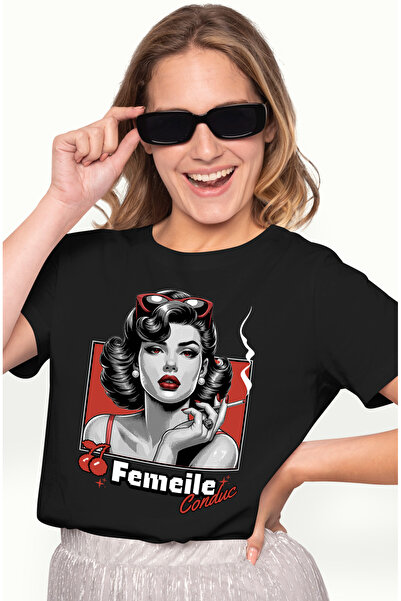StoryGift Romania Tricou Femei Fata Retro Cu Buze Rosii Si Ochelari Text Moti...