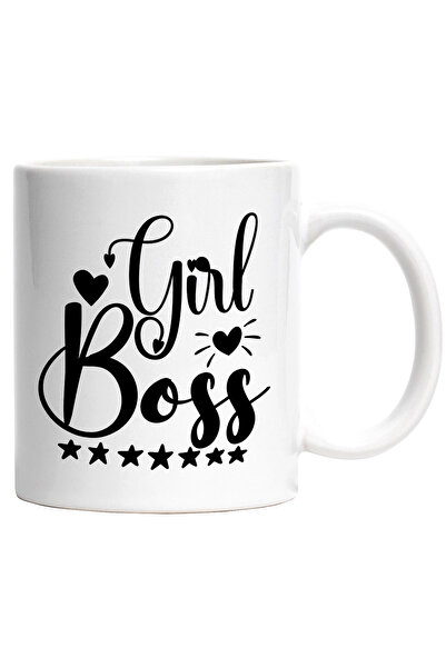 StoryGift Romania Cana Cu Inimioare Si Stelute Cu Textul "girl Boss" - Fata Patroana Afacere Cu Ma, Cu Maner Alb Stg