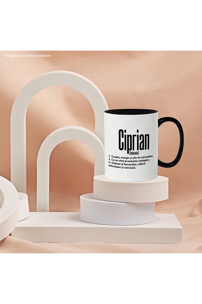 StoryGift Romania Cana Cu Numele Ciprian, Cu Mesaj Motivational, Creativ, Energic, Curios, Destept, Cu Maner Negru Stg