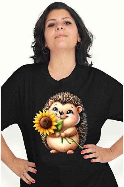 StoryGift Romania Tricou Femei Cu Un Pui De Arici Care Tine O Floare, Ilustra...