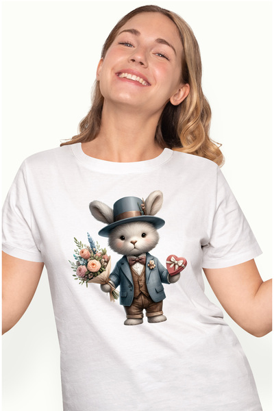 StoryGift Romania Tricou Femei Cu Un Iepure La Costum Care Tine Un Buchet Cu ...