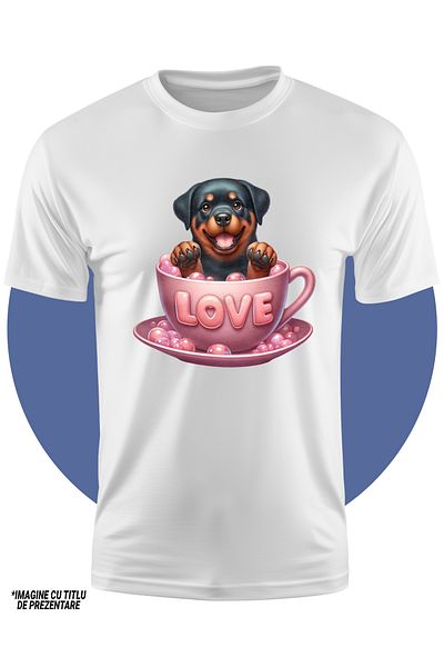 StoryGift Romania Tricou Copii Cu Un Catel Rottweiler Care Sta Intr-o Ceasca Pe Care Scrie "love", Ilustrati