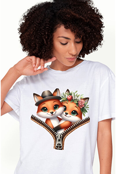 StoryGift Romania Tricou Femei Cu 2 Vulpi, Ilustratie, Fermoar, Aproape, Inghesuite, Vesele, Palar Wht_s