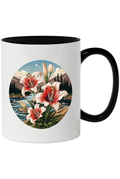 StoryGift Romania Cana Cu Peisaj: Crini, Rau, Munti, Padure, Brazi, Nori, Mul...