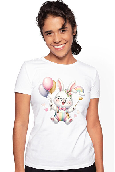 StoryGift Romania Tricou Femei Cu Un Iepuras Vesel Care Tine Niste Baloane, Ilustratie, Ochelari, Wht_l