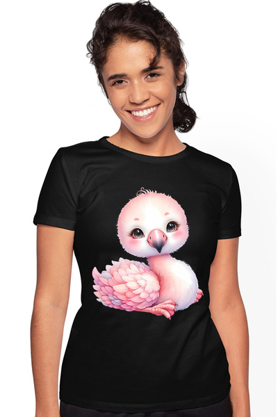 StoryGift Romania Tricou Femei Cu O Pasare Flamingo Care Sta Cuminte, Ilustratie, Vesela, Imbujora Blk_l