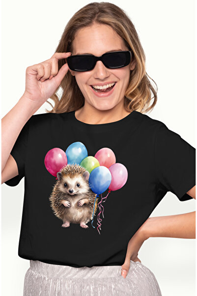 StoryGift Romania Tricou Femei Cu Un Arici, Ilustratie, Baloane De Diferite C...
