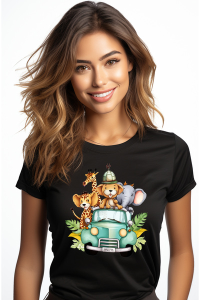 StoryGift Romania Tricou Femei Cu Animale Din Jungla Care Se Plimba Cu O Masi...