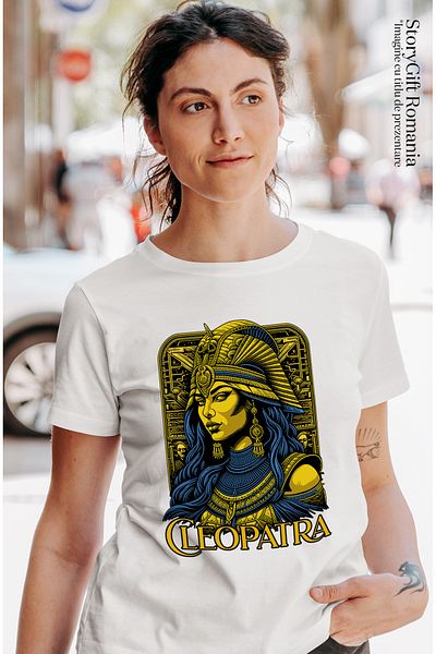 StoryGift Romania Women's T-shirt Cleopatra Queen of Gold, Egypt Fortune with Print on Face, 100% Cotton WHT_L, STG54165