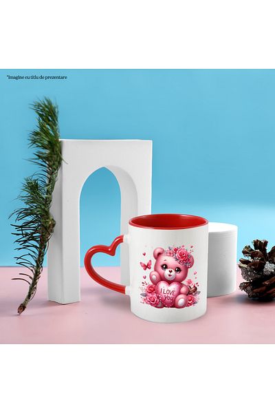 StoryGift Romania Mug with a teddy bear holding a heart with the message "I love you" | illustrated, With ,STG.