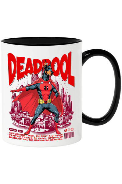 StoryGift Romania Cana Cu Doberman Pinscher Caine In Costum De Deadpool Cu Pelerina, Erou Nocturn,, Cu Maner Negru Stg