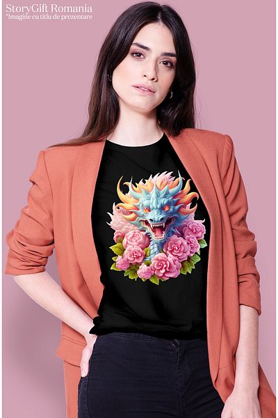 StoryGift Romania Tricou Femei cu un dragon agresiv, ilustratie, ochi in flacari, floricele, roz, BLK_L