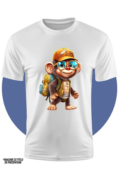 StoryGift Romania Tricou Copii Cu Un Cimpanzeu Explorator, Echipat, Calatorie, Ilustratie, Excursie, Ochelar