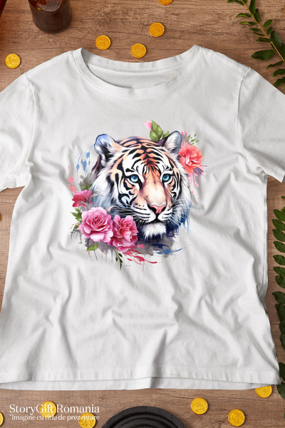 StoryGift Romania Tricou Femei Cu Un Tigru Serios, Ilustratie, Senin, Flori, Natura, Plante, Jungl Wht_l