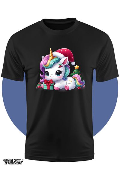 StoryGift Romania Tricou Copii Cu Un O Femela Unicorn Vesela, Ilustratie, Cadou, Brad, Iarna, Vasc, Fericire