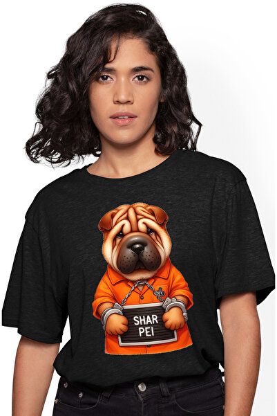 StoryGift Romania Tricou Femei Cu Un Catel Shar Pei, Ilustratie, Trist, La Inchisoare, Detinut, Un Blk_l