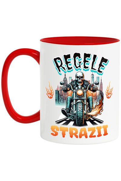 StoryGift Romania Cana Cu Schelete Uman Motociclist Cu Tinuta De Piele Flacari Oras Cu Cladiri Ina, Cu Maner Rosu Stg