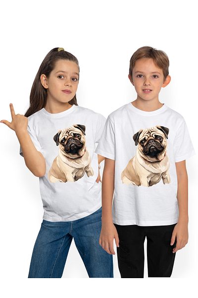 StoryGift Romania Tricou Copii Cu Un Catel Pug Trist, Ilustratie, Ochi Aproape In Lacrimi, Zgarda, Pentru Iu