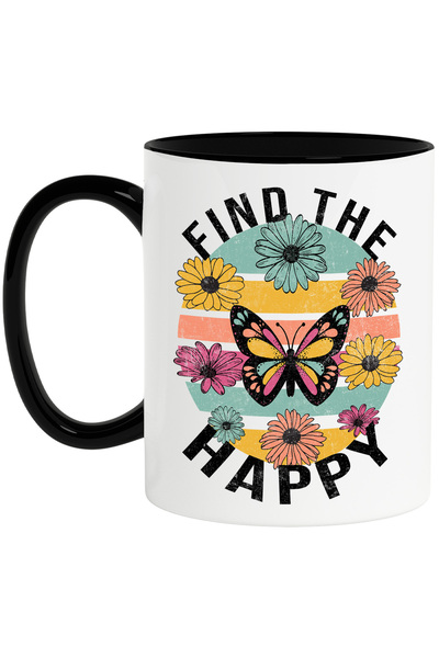 StoryGift Romania Cana Cu Mesajul "find The Happy", Ilustratie, Motivational, Fericire, Gaseste, F, Cu Maner Negru