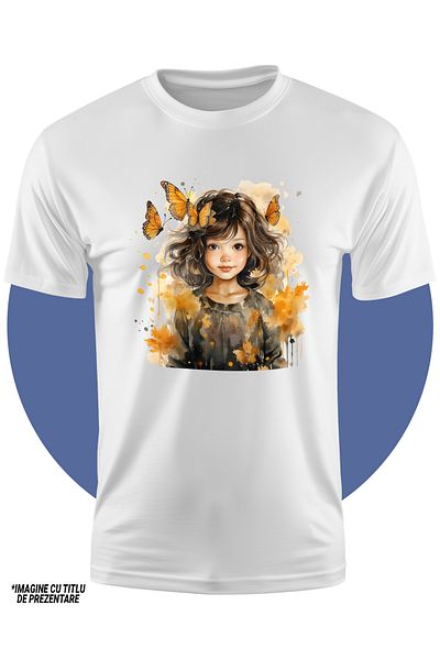 StoryGift Romania Children's T-Shirt With A Cute Little Girl, Illustration, Black Hair, Orange Butterflies, Autumn, P