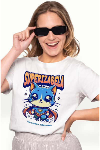 StoryGift Romania Tricou Femei Super Izabela, Supererou, Pisica Zburand, Cu I...